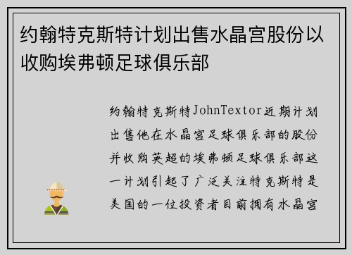约翰特克斯特计划出售水晶宫股份以收购埃弗顿足球俱乐部 约翰特克斯特计划出售水晶宫股份以收购埃弗顿足球俱乐部